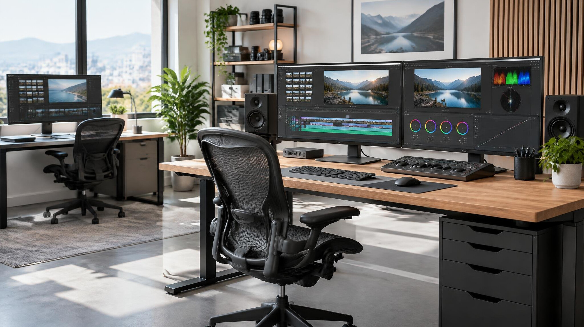 Bright workspace with desks and monitors