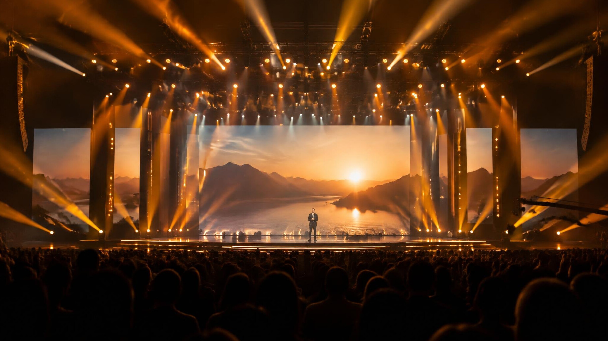Concert stage with bright lighting beams and a crowd