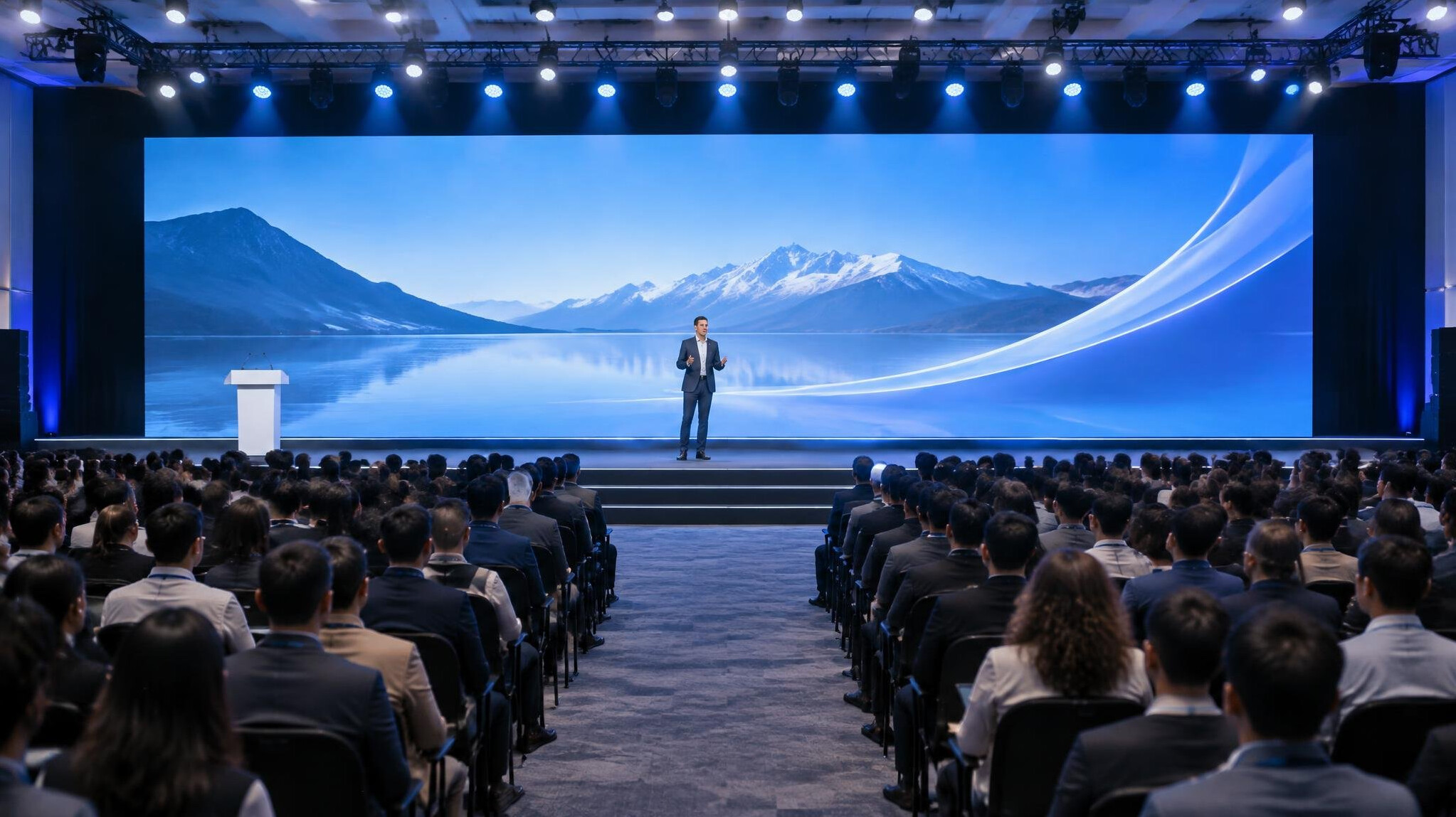 Conference stage with a large screen and audience