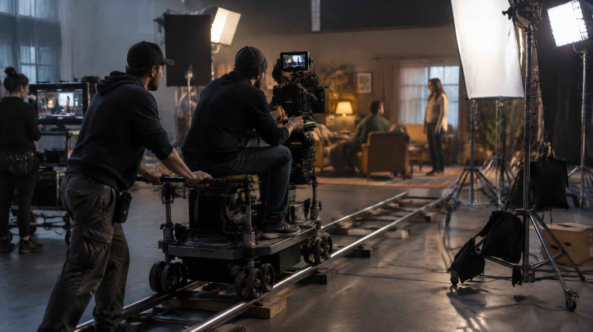 Film crew filming with a camera on a set